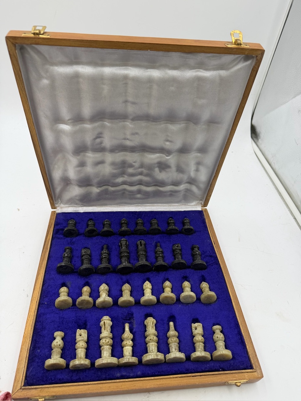 Vintage Handmade Marble Soapstone Travel Chess Set, light ware to chess board
